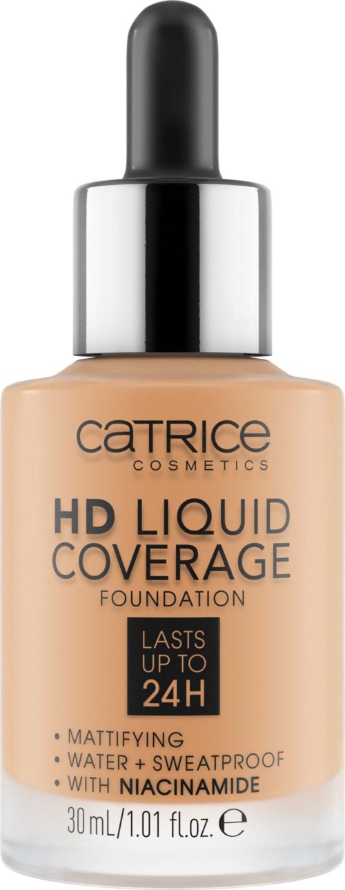 Eine Flasche Catrice HD Liquid Coverage Foundation mit Tropferdeckel, langanhaltend, mattem Finish, wasserdicht und Niacinamid.