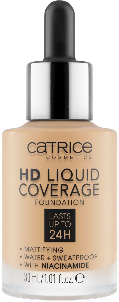 En flaska med Catrice HD Liquid Coverage foundation med en pipettlock, som påstår att den håller i upp till 24 timmar, vattentät och matt.