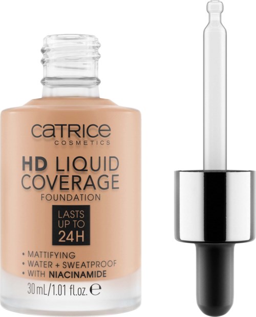 Eine Flasche Catrice HD Liquid Coverage Foundation mit Pipette.