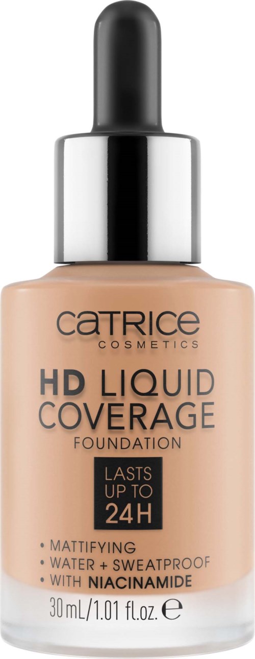 Catrice HD Liquid Coverage Foundation Flasche mit Pumpe, beigefarbend, schwarzer und weißer Text.