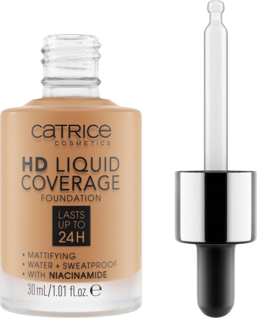 En flaska av Catrice HD flytande foundation med dropper, märkt som långvarig, matt, vattentät, med niacinamide, 30 ml.