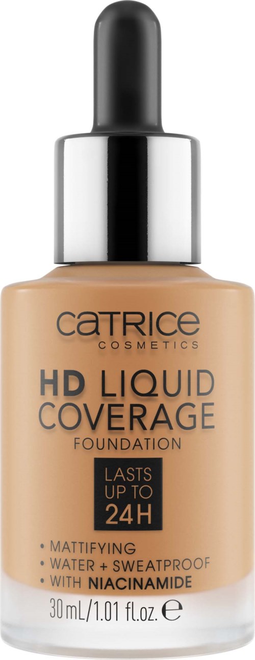 Catrice HD flytande foundation med pipett, beige färg, håller i upp till 24 timmar, vattentät och svettresistent, innehåller niacinamide.