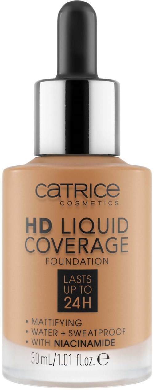 En flaska av Catrice HD Liquid Coverage Foundation med pipettlock, märkt som långvarig och vattentät.