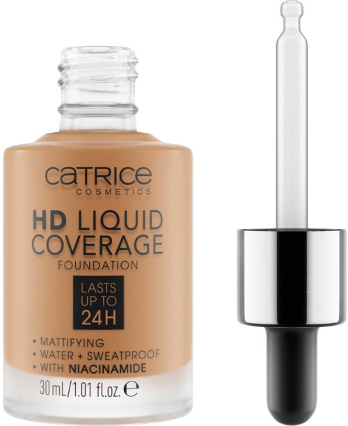 En foundationsflaska med droppe och beigefärgad vätska. Etiketten säger Catrice HD Liquid Coverage, håller upp till 24 timmar.