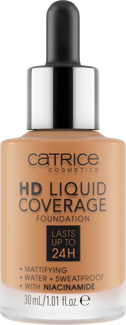Catrice foundationflaska med pump, beige färg, märkt som HD Liquid Coverage, håller i upp till 24 timmar.