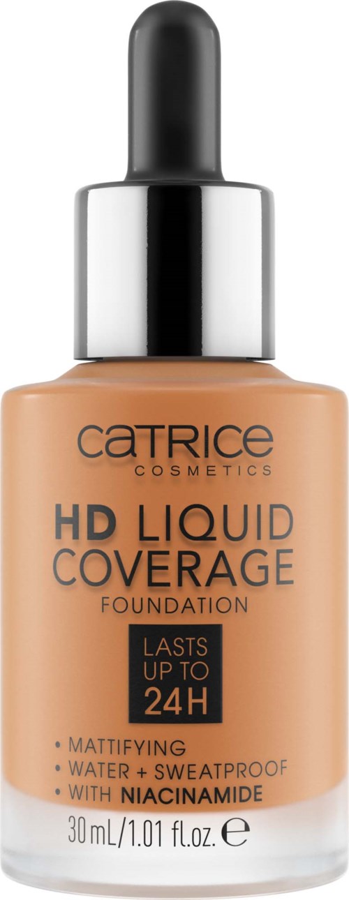 En flaska av Catrice HD Liquid Coverage foundation med droppkork, märkt att den räcker upp till 24 timmar.