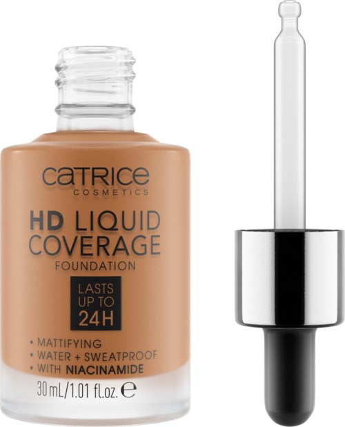 En flaska av Catrice HD Liquid Coverage Foundation med pipett, märkt som långvarig, matt och vattentålig.