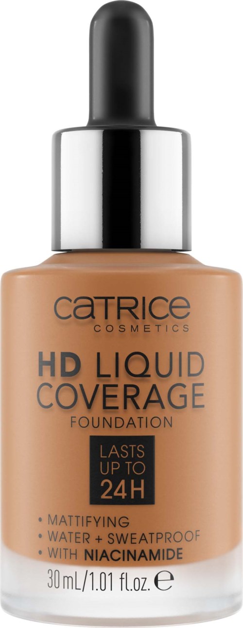 En flaska foundationsmink märkt 'Catrice HD Liquid Coverage' med pipettlock, utlovar hållbart resultat.