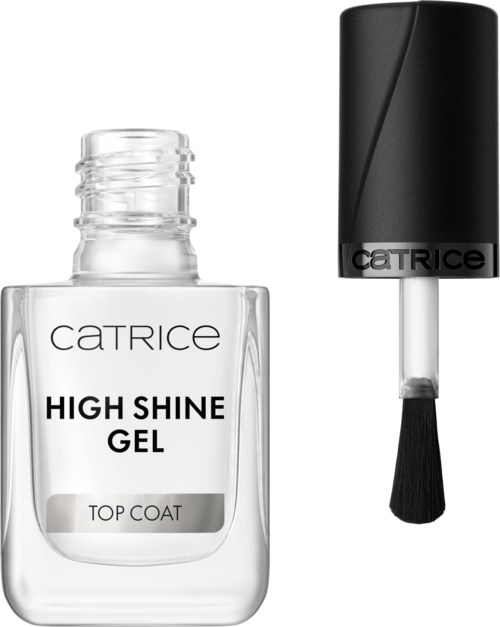 Nagellak topcoat fles met borstel, heldere gel, door Catrice gelabeld als 'High Shine Gel'.
