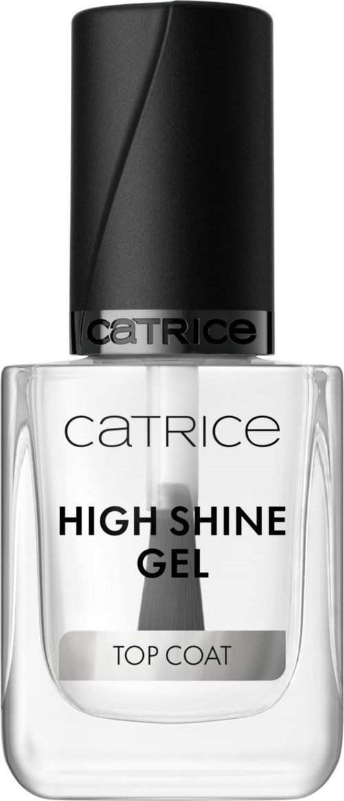 Een heldere fles Catrice High Shine Gel Top Coat nagellak met een zwarte dop.