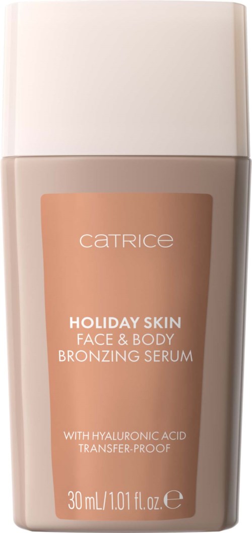 Catrice Holiday Skin kasvojen ja kehon päivetyssuihke, jossa hyaluronihappo; 30 ml pullo beige- ja valkoisella designilla.