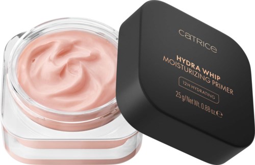 Catrice Hydra Whip moisturizing primer in a container with a black lid and pink cream inside.