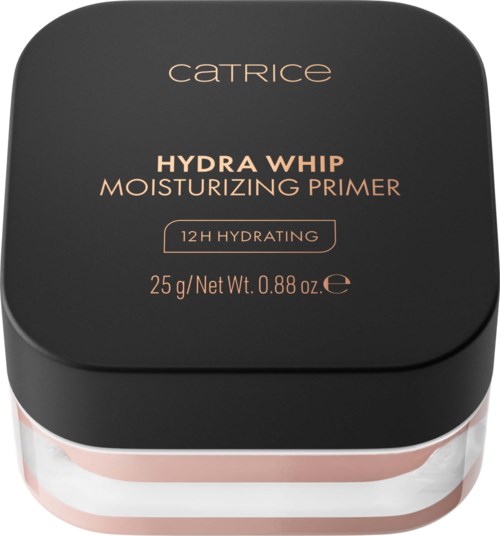 A black jar of Catrice Hydra Whip Moisturizing Primer with gold lettering and a transparent base showing the product inside.