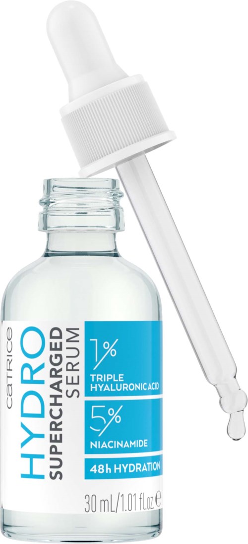 Kleine glazen fles met pipetdop om hyaluronzuurserum vast te houden, gelabeld voor hydratatie en huidverzorging.