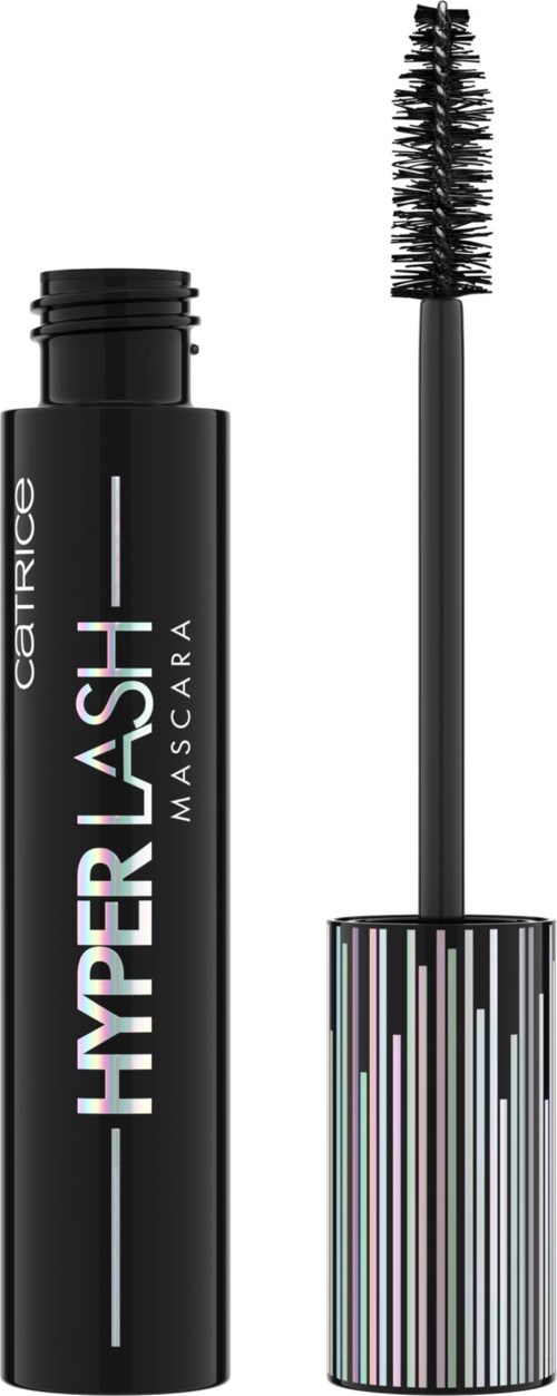 Een zwarte mascara-flacon met 'HYPERBLACK' en een open kwast.