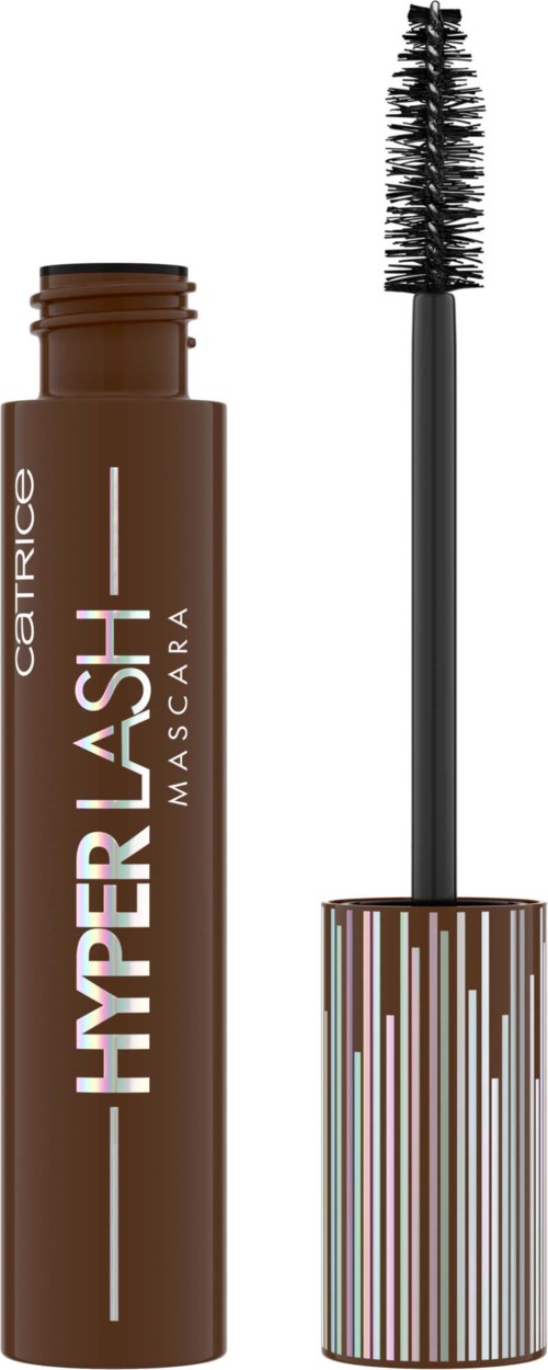 Brown tube mascara with open brush showing thick black bristles and colorful striped cap.