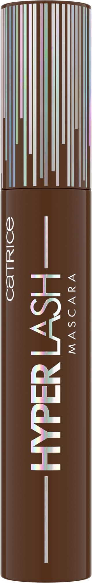 Brown mascara tube with a colorful, striped cap and white text reading "HYPER LAST" and "MASCARA".