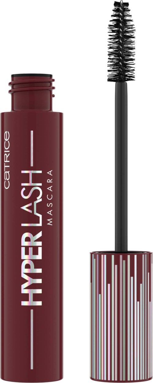 A red mascara tube with a brush wand standing next to it, label says 'HYPER BLACK'.