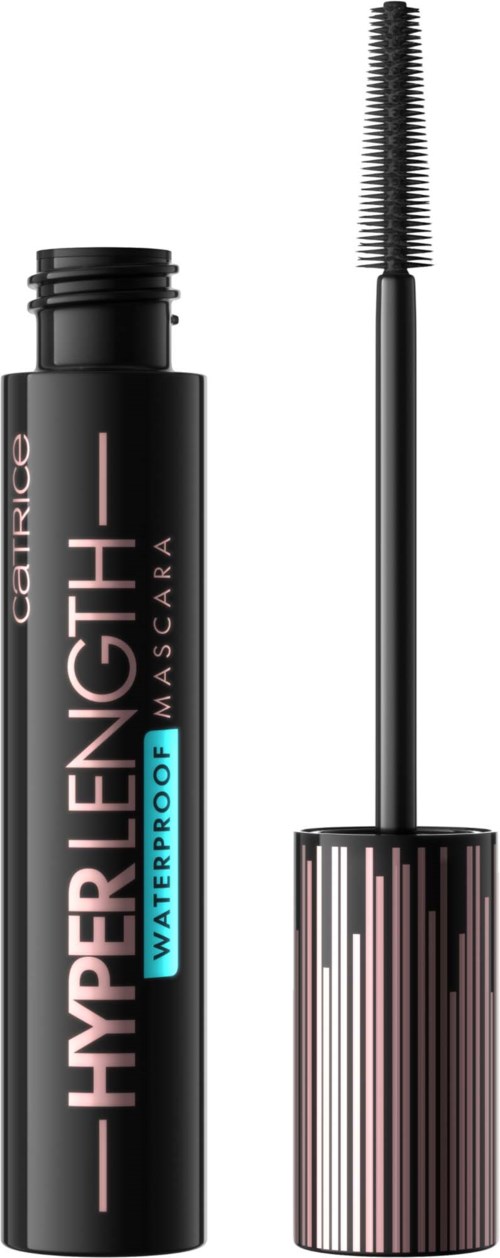 Vegan waterproof mascara in a black tube with pink and silver stripe design, with its open brush applicator.