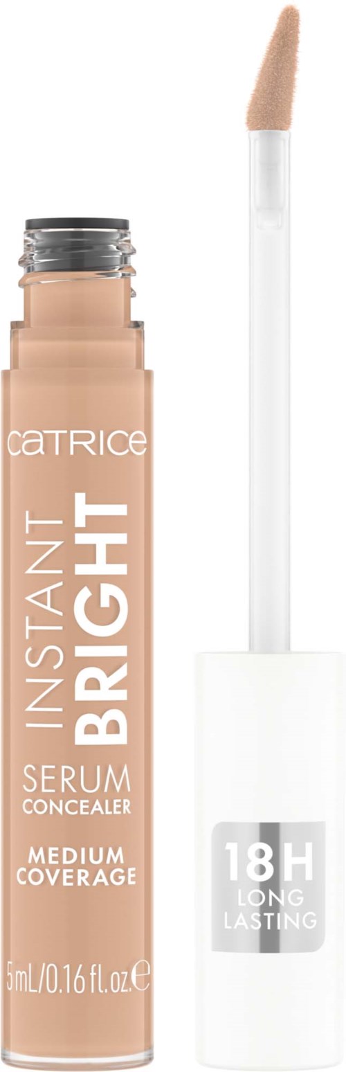 A beige concealer tube with a white applicator wand, labeled "InstaNight Bright" for medium coverage and long-lasting use.