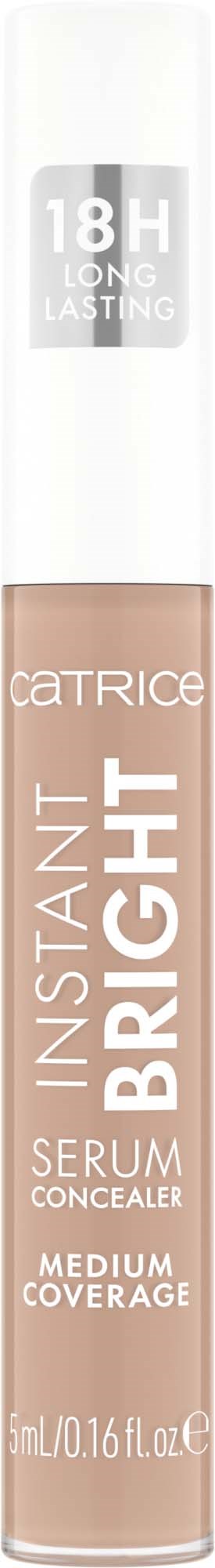 A beige liquid concealer with a white cap, labeled 'Catrice Instant Bright Serum Concealer, Medium Coverage, 0.16 fl oz.'