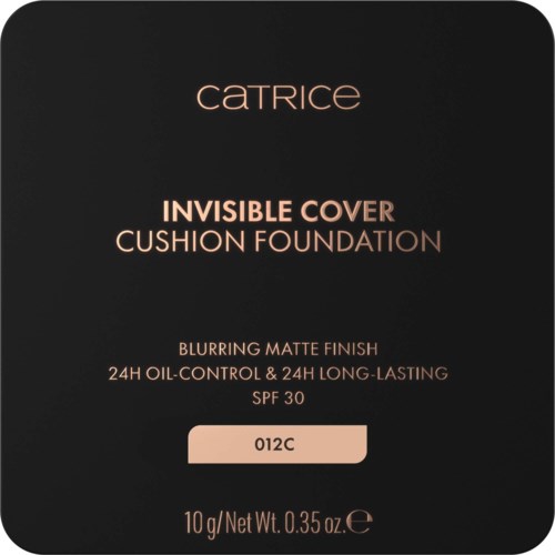 Emballasje for Catrice Invisible Cover Cushion Foundation med matt finish, SPF 30, og nyanse 012C.