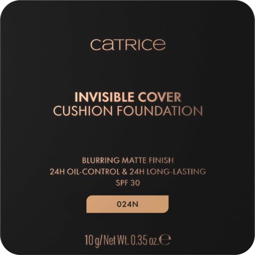 Catrice Invisible Cover Cushion Foundation emballasje med beige og svart design, viser nyanse 024N og produktinformasjon.