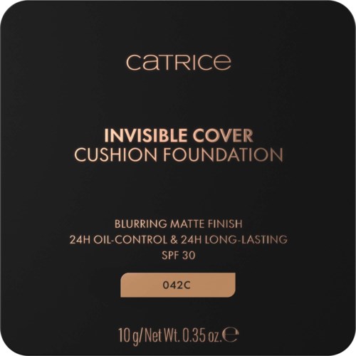 Catrice usynlig dekselpute foundation emballasje med nyanse 042C, matt finish, SPF 30 og 10 gram innhold.
