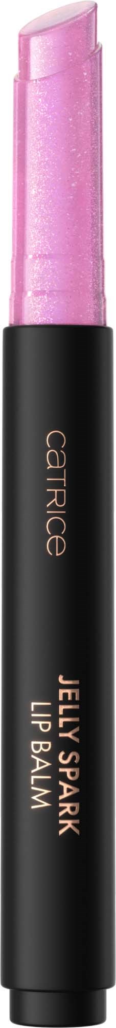Een zwarte lippenbalsemtube met een roze dop, met de tekst 'Catrice Jelly Spark Lip Balm'.