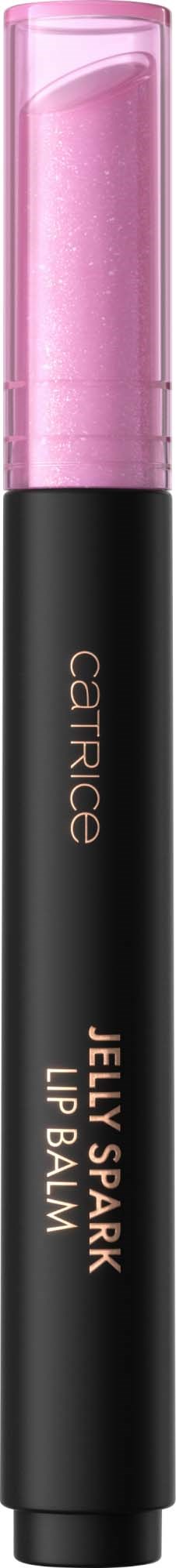 Een zwart lippenbalsemtube met een roze dop, gemarkeerd 'Jelly Spark Lip Balm' en 'Catrice'.