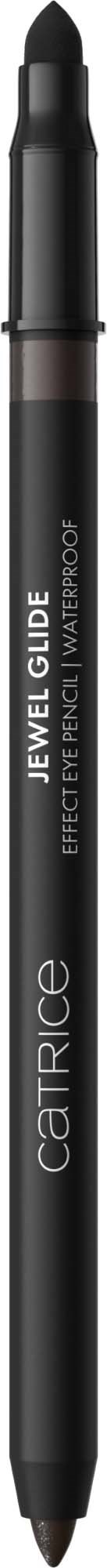 A black eyeliner pencil with a transparent cap and white text, labeled 'Jewel Glide' and 'Catrice'.