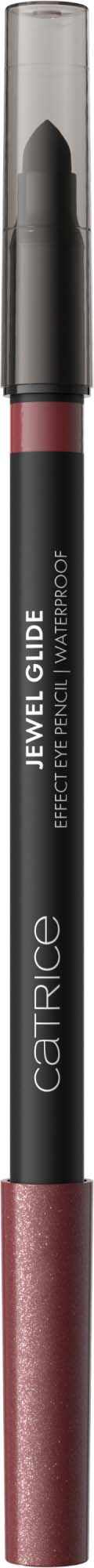 A makeup pencil with a black body, a clear cap, and a pinkish bottom, labeled as a jewel eye pencil.