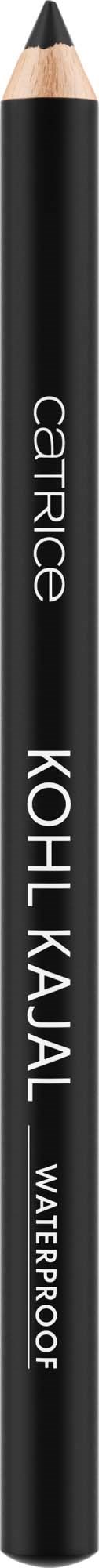A black pencil with gray text, indicating it is waterproof, named Kohl Kajal, with the brand Catrice.