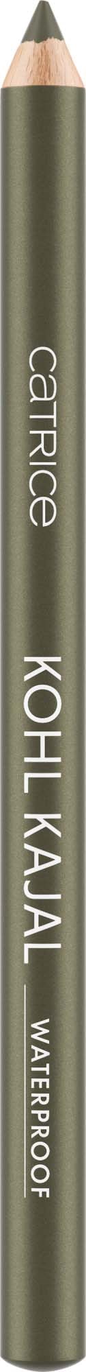 A greenish eyeliner pencil with white text: 'catrice', 'KOHL KAJAL', 'WATERPROOF' on a black background.