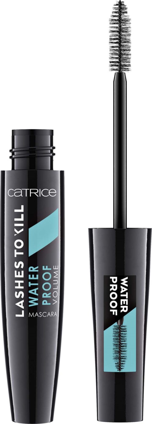 Een zwarte mascara-flacon met een borstel, gemarkeerd "Lashes to Kill Water Proof" door Catrice.