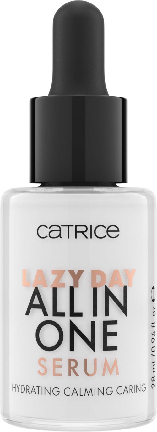 Kleine Flasche mit Serum und Tropfer, beschriftet 'Catrice Lazy Day All in One Serum'. Es verspricht Feuchtigkeit, Beruhigung und Pflege.