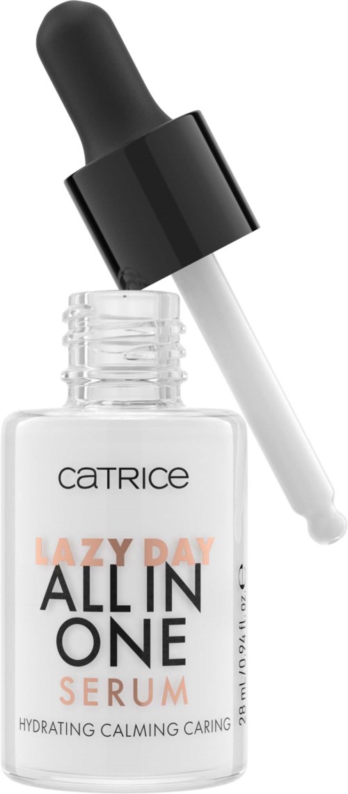 Eine kleine Glasflasche mit schwarzem Deckel und weißer Pipette. Das Etikett lautet "Catrice" und "All in One Serum".