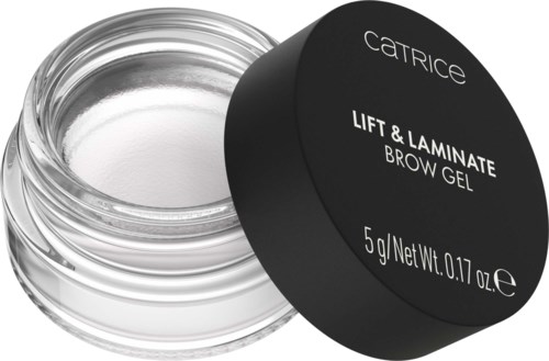 A small transparent jar with clear gel and a black lid labeled "Catrice Lift & Laminate Brow Gel".