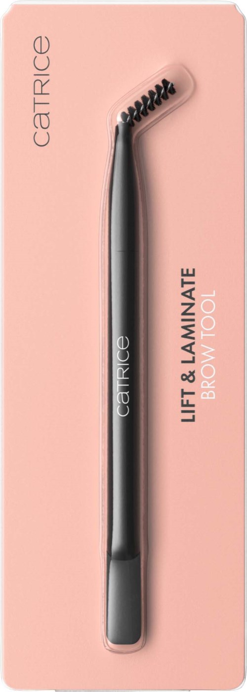 En svart brynborste på rosa förpackning, märkt 'Lift & Laminate Brow Tool'.