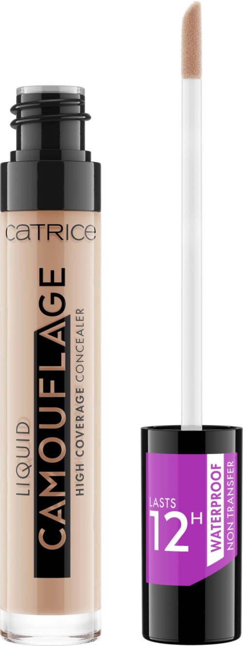 Een concealer met een zwarte dop en beige vloeistof, met applicator ernaast. Verpakking geeft 12 uur aan.