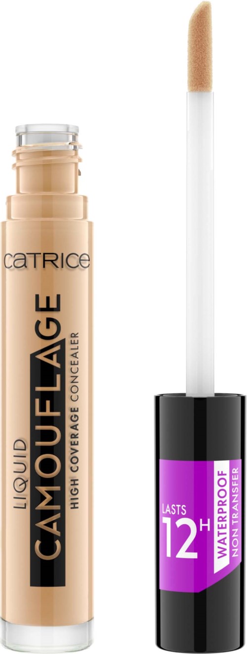 Een flesje Catrice vloeibare concealer met sponsapplicator, gemarkeerd als hoge dekking en waterdicht.