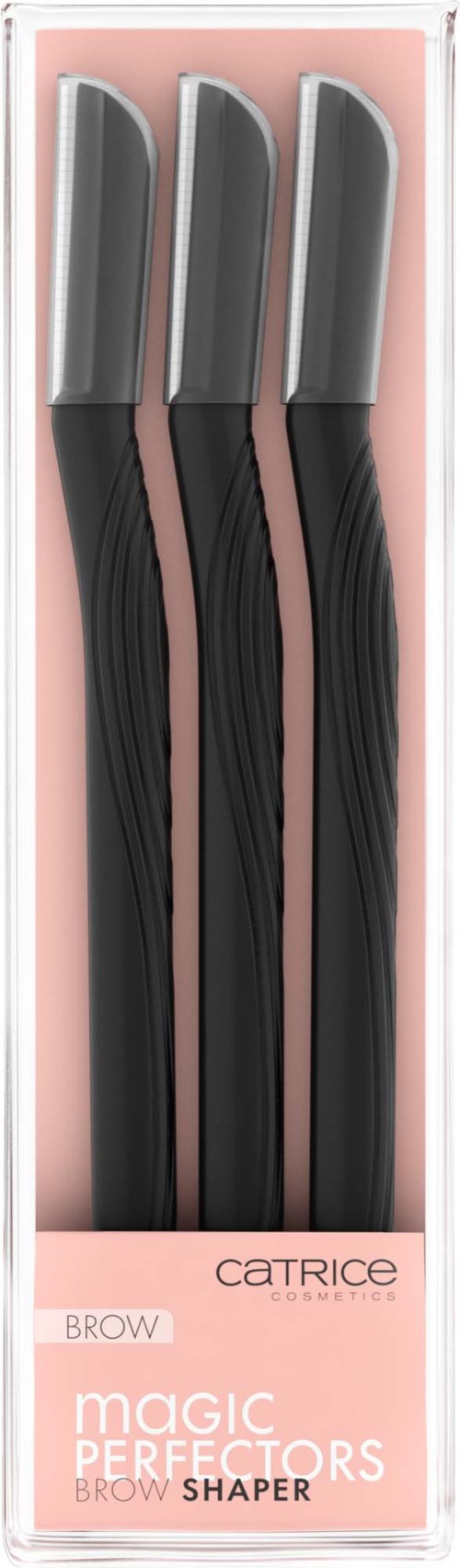 Drie zwarte wenkbrauwschuivers met zilverkleurige uiteinden in een roze doosje. Merk Catrice. Voor het vormen van wenkbrauwen.