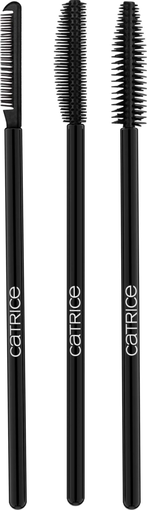Three black eyebrow brushes with different shaped bristles and the word 'catrice' on the handles.