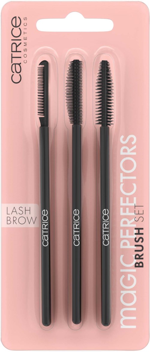 A set of three eyebrow brushes with black handles and different spoolie styles in pink packaging.