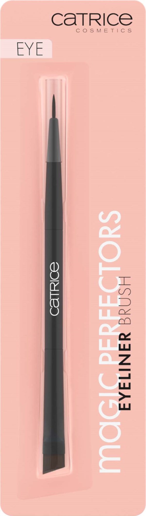 A black eyebrow brush with a pointed tip, in pink packaging labeled 'Catrice' and 'EYE'.