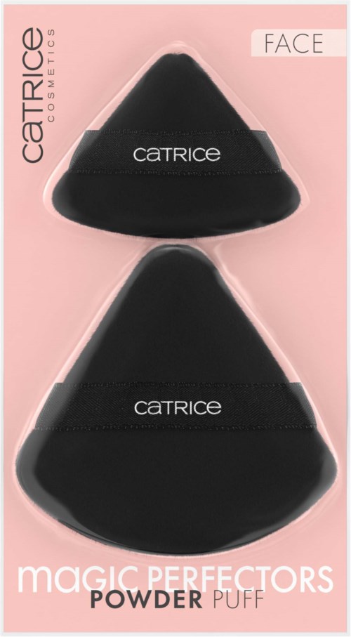 Two black makeup sponge applicators on pink packaging with text about Catrice cosmetics and powder puff.