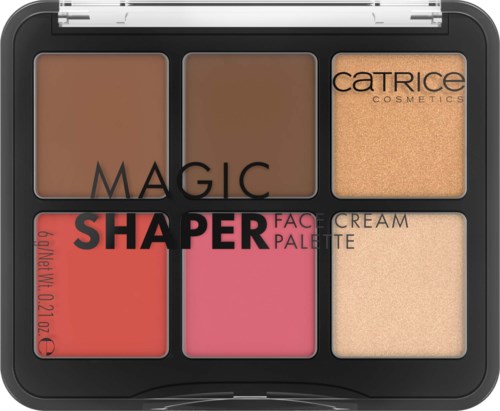 Sex makeup-prover i en svart palett, med nyanser från mörk till ljus, och märkt 'Magic Shaper Face Palette'.
