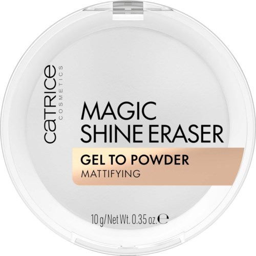 Eine runde Dose Catrice Magic Shine Eraser Gel to Powder, mattierendes Make-up, 10 g.