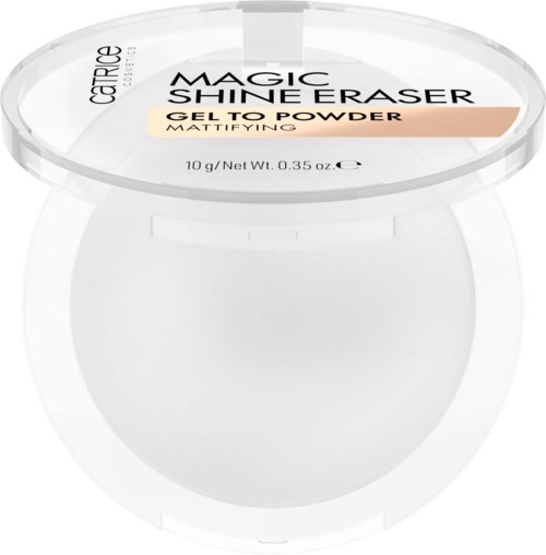 Ein weißer Behälter mit durchsichtigem Deckel, beschriftet 'Magic Shine Eraser,' für Gel zu Pulver, matttrocknend, 10g.