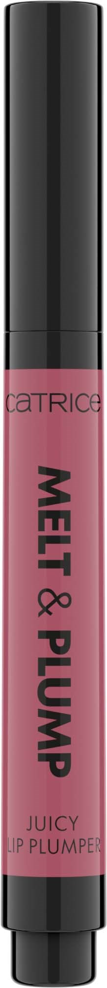 Pinkfarbener Lippen-Gloss-Stift mit schwarzem Deckel, beschriftet mit 'Melty & Plump' und 'Juicy Lip Plumper', Marke Catrice.